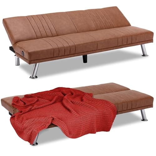 VECELO Modern Convertible Couch Bed, Faux Leather Futon, Brown