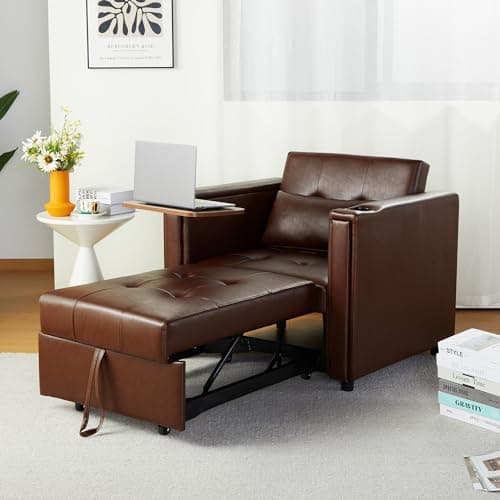3-in-1 ORRD Convertible Sofa Bed, Faux Leather Loveseat with Pull-Out Chaise Lounge and Hidden Table