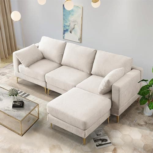 JEEOHEY Gold Metal Legs 3 Seat Oversized L-Shaped Sectional Sofa, Beige