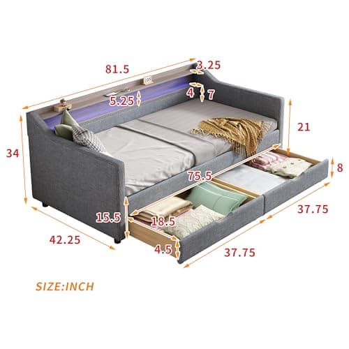Linen Upholstered Ball & Cast Twin Daybed with Storage & Light Grey USB Port