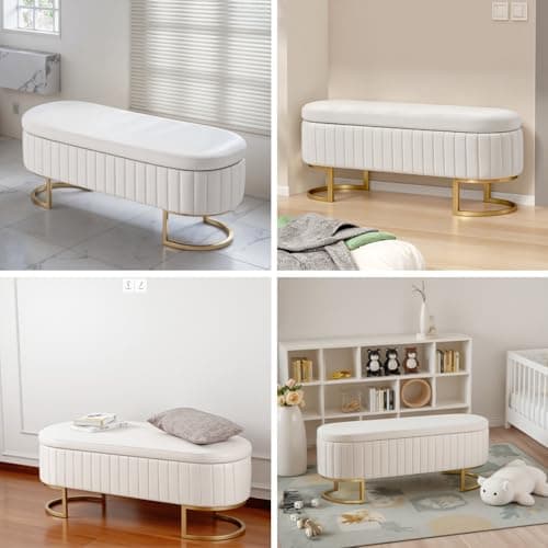 50" Velvet Ottoman Bench, Gold Legs, 300lb Seat, Ivory End Table Bench