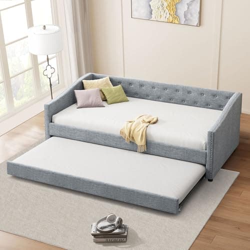 Twin Upholstered Daybed with Trundle, Tufted Button Back & Piping Arms, Light Grey