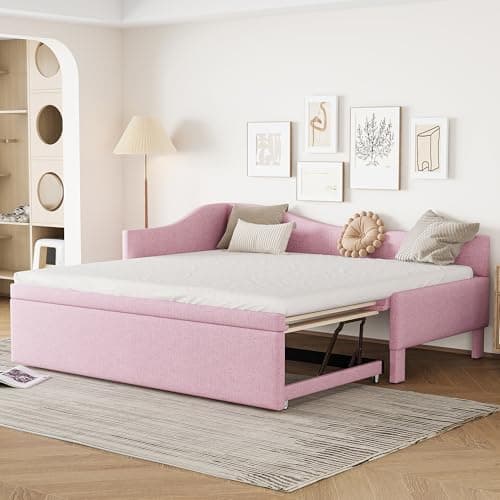 Beige Linen Extendable Day Bed with Pop Up Trundle,Twin to King