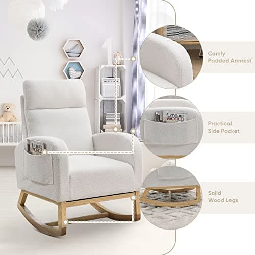 Modern White Fabric Upholstered Rocking Glider Chair with Side Pockets
