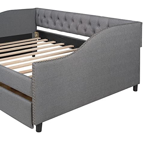Upholstered Daybed with 2 Drawers and Diamond-Tufted Backrest, Gray
