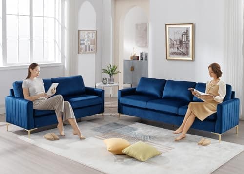 Velvet Sofa Couch Set - Mid Century Modern Furniture Pieces for Living Room