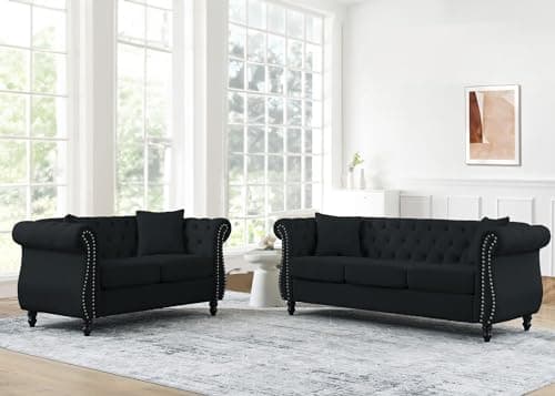 Mid Century Modern Chesterfield Sofa Set, Velvet Couch with Tufted Buttons & Nailhead Trim