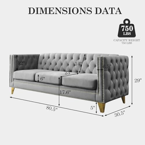 Velvet Chesterfield Sofa Set, 2-Piece Oversized Seater with Nailhead Detail (Grey)