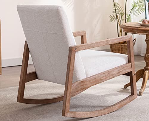 VESCASA Beige Linen Tufted Mid-Century Rocking Chair, Light Walnut Frame, Living Room Nursery Bed RocChair
