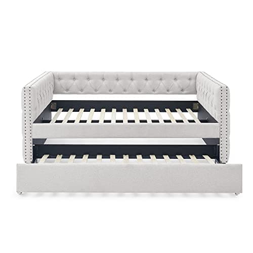 JEEOHEY Beige Button Tufted Full Size Upholstered Daybed with Trundle
