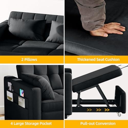 Black 3-in-1 Convertible Sofa Bed with Pull-Out Mattress & Adjustable Backrest