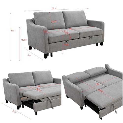 69" Queen Size Grey Convertible Sofa Bed with Adjustable Backrest