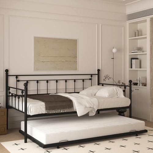 Twin Size Daybed with Trundle, Metal Sofa Bed Frame (Black)
