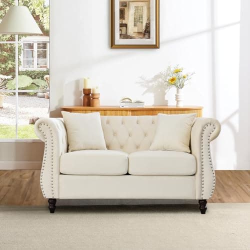 JEEOHEY Chesterfield Button Tufted Velvet 2 Seater Sofa, Mid Century Modern Beige