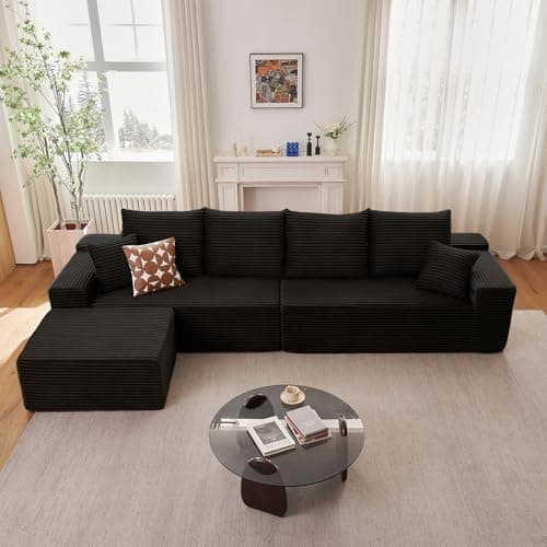 107" Modern Black Corduroy L-Shaped Sofa, Deep Seat Chaise for Living Room