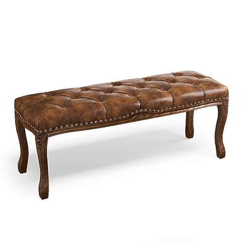French Vintage Tufted Bench, Beige Distressed Wood Legs, Living Room, Foyer, Dining Room