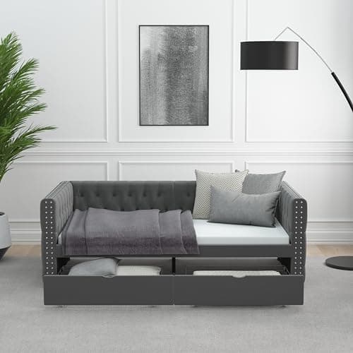 Velvet Upholstered Twin Daybed with Storage Grey (No Box Spring)