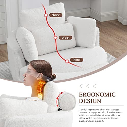 Modern Swivel Chair with Storage Ottoman in White Teddy Fabric