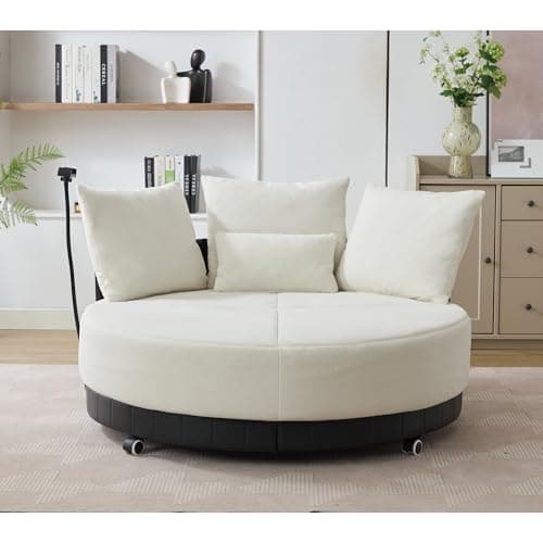 Oversized Round Swivel Chair with Phone Stand and 4 Pillows (Beige)