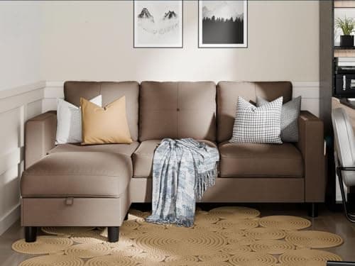 SUNLEI Movable Ottoman Storage L-Shaped Couch, Dark Grey Linen, Living Room Fit Small Spaces