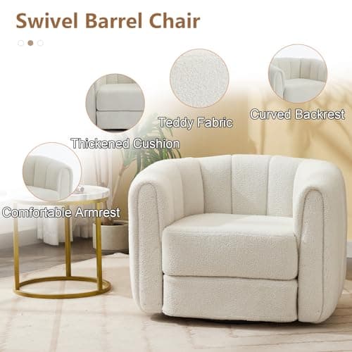 Swivel Accent Chair for Living Room: Teddy Fabric Barrel Armchair (Beige)
