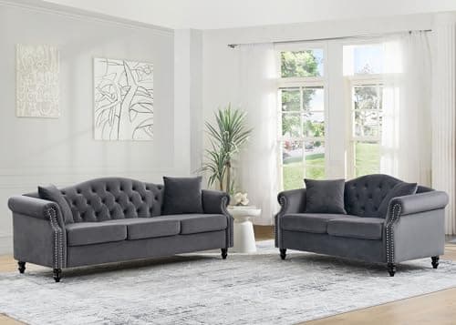 Black Velvet Tufted Chesterfield Sofa Set of 2
