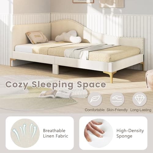 Giantex Beige Twin Size Rivet-Tufted Daybed & L-Shaped Sofa Bed