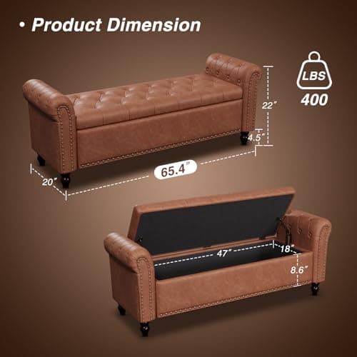 Faux Leather Window Bench with Storage & Tufted Button Detail, 65" Bedroom Bench, Brown