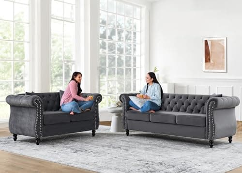 Mid Century Modern Chesterfield Sofa Set, Velvet Couch with Tufted Buttons & Nailhead Trim
