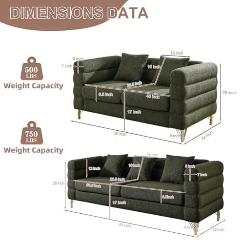 Teddy Bouclé 3 Seater & Loveseat Sofa Set, Green Gold Legs