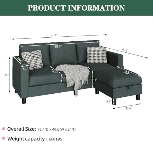 Dark Gray JY Convertible Sectional with L-Shaped Ottoman for Small Spaces