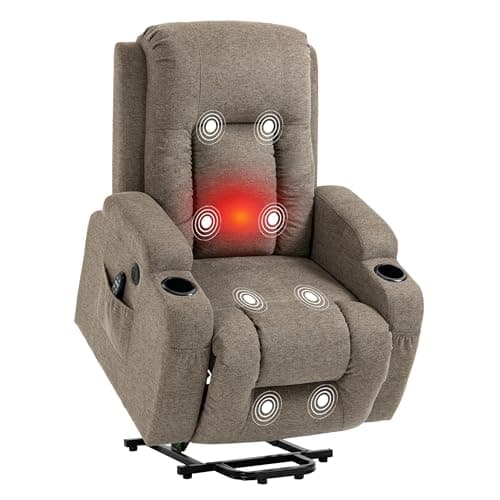 Power Lift Recliner Chair with Heat and Massage for Elderly, Electric Recliner Chairs with Standing Assistance, 2 Cup Holders, 4 Pockets, USB Charge Port, Breathable Leather Brown