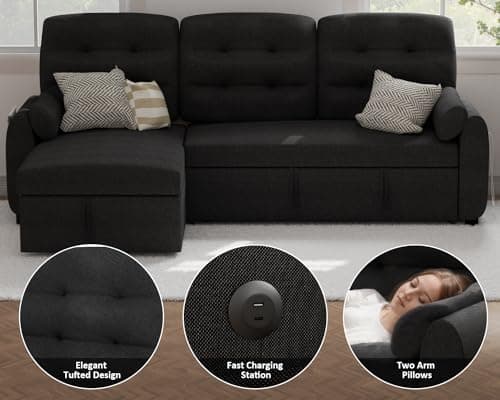 Ucloveria 87" Sleeper Sectional with Reversible Chaise & Storage, Black Linen Couch