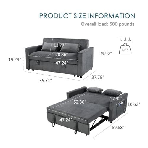 3-in-1 Grey Corduroy Futon Sofa Bed with Adjustable Backrest
