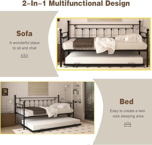 Twin Size Daybed with Trundle, Metal Sofa Bed Frame (Black)