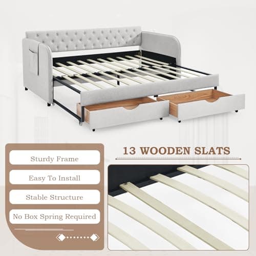 Twin Size Day Bed with Trundle and Storage Drawers for Living Room or Guest Room
