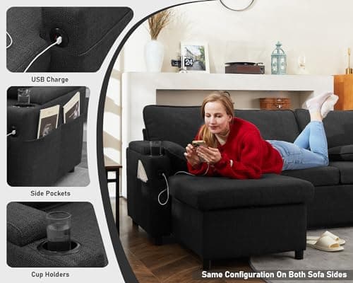 DURASPACE 2-in-1 Sectional Sleeper Sofa with Storage, USB & Cup Holder (Dark Gray)