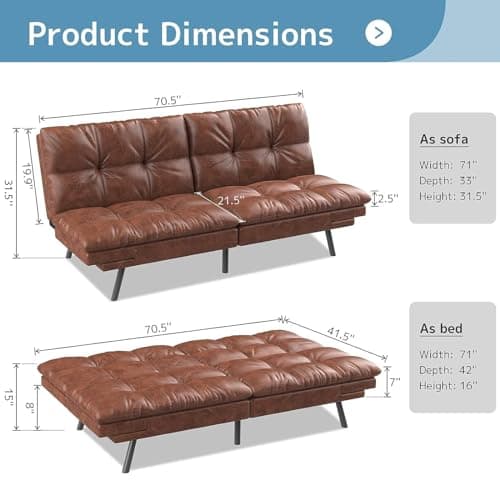 Wood-it Memory Foam Foldable Sofa Bed with Adjustable Armrests, Brown