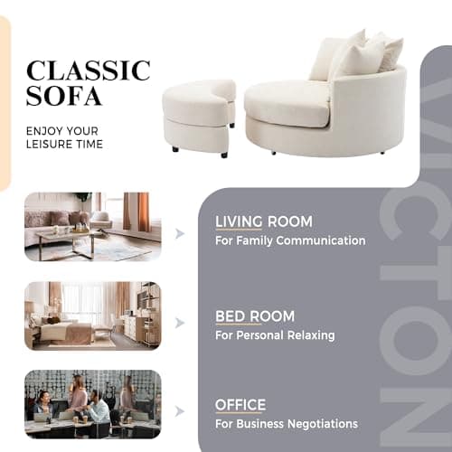 Merax 360° Swivel Barrel Chair with Half Moon Storage Ottoman, Living Room Accent Chairs, Cream