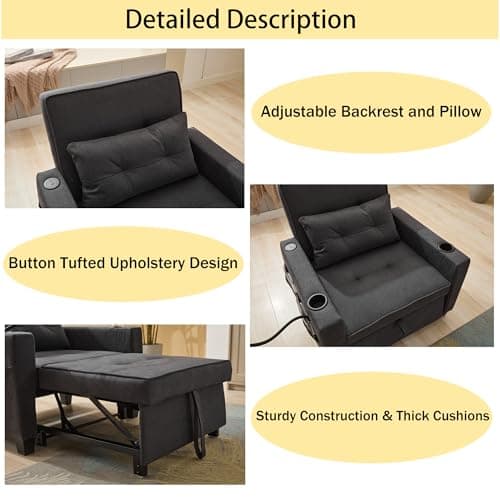 Livavege 3-in-1 Convertible Sleeper Sofa Chair, Linen Futon with Phone & Cup Holders