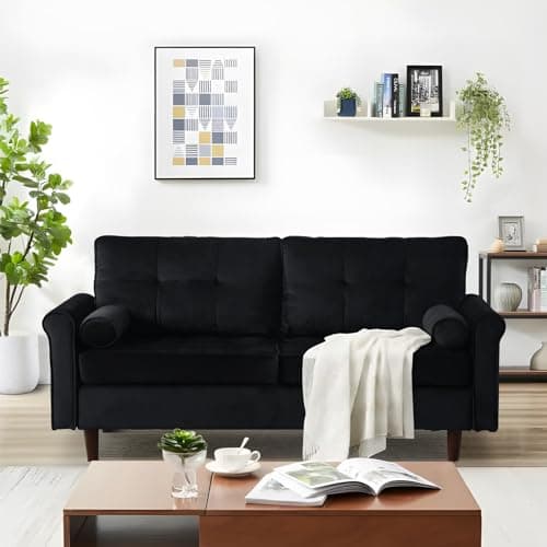 Mid-Century Modern Small Couch for Small Space, with Throw Pillows, in Black