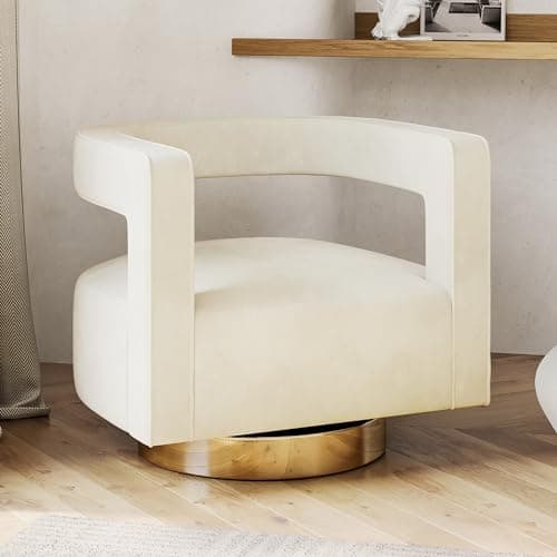 BELLEZE Ivory Gold Base Swivel Chair, Modern Barrel Velvet Living Room Chair