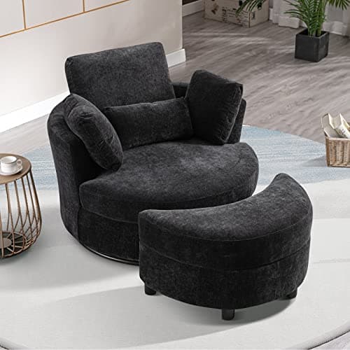 40" Modern Black Swivel Chair with 360° Metal Base & Plush Pillows, Thick Cushion, Living Room & Bedroom Accent (Black)