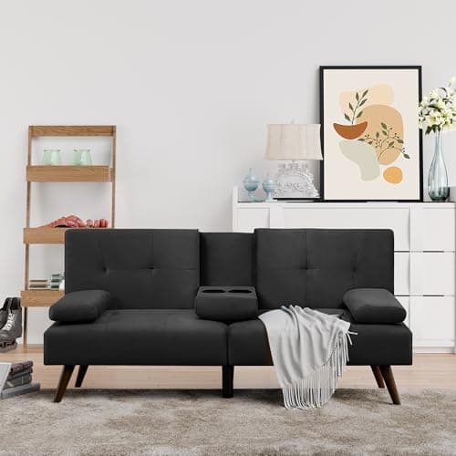 Shintenchi Dark Gray Velvet Reclining Sofa Bed with Foldable Arms