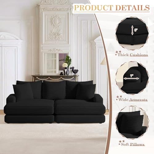 Oversized Chaise Lounge Chair Indoor with Ottoman, Corduroy Upholstered Comfy Sofa for Living Room, Bedroom, Office (Black)