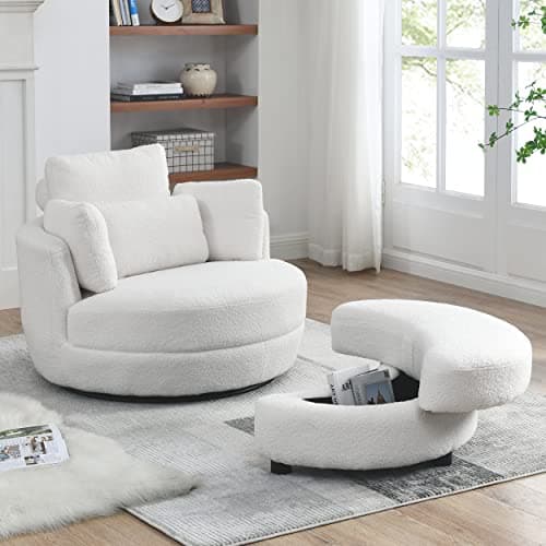 360° Swivel Barrel Chair with Half Moon Ottoman - 39W Sherpa Teddy Upholstered Accent Chair for Living Room, Bedroom, Office, and Reading Nook