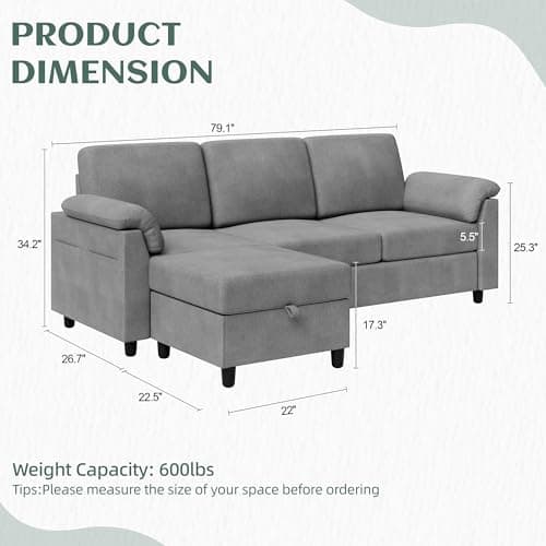 Vongrasig 79" L-Shaped Couch with Storage Ottoman, Light Grey Linen Fabric