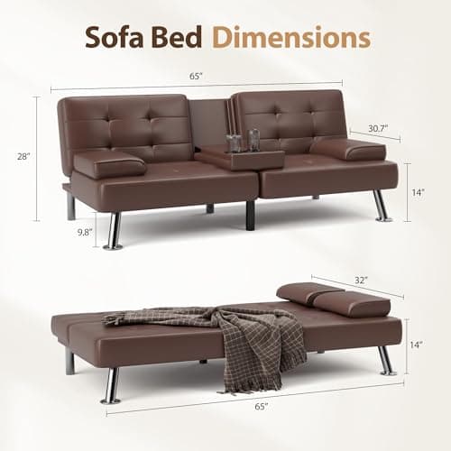 Shahoo Faux Leather Convertible Futon Sofa Bed for Living Room, Brown