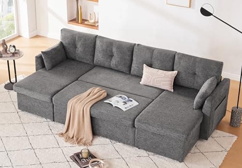 Dark Grey 110" 2-in-1 Pullout Couch Bed with Storage Chaise