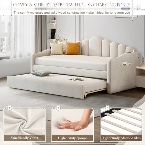 Velvet Daybed with Trundle and USB Charging Ports